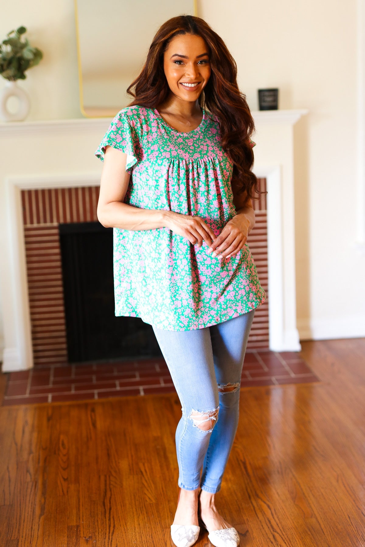 Dreamy Green & Pink Floral Yoke Ruffle Short Sleeve Top