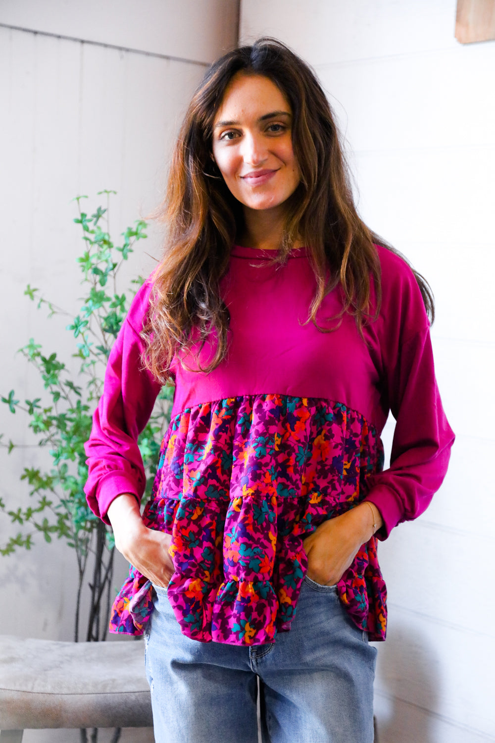 Fuchsia Fizz Drop Shoulder Babydoll Blouse