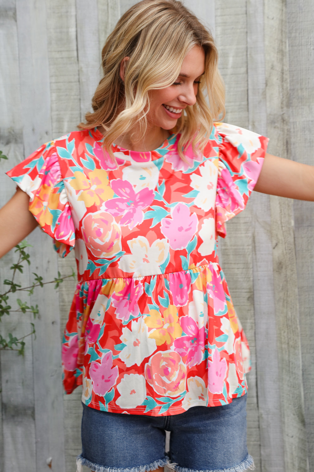 Feeling Femme' Coral Floral Print Folded Short Sleeve Babydoll Top