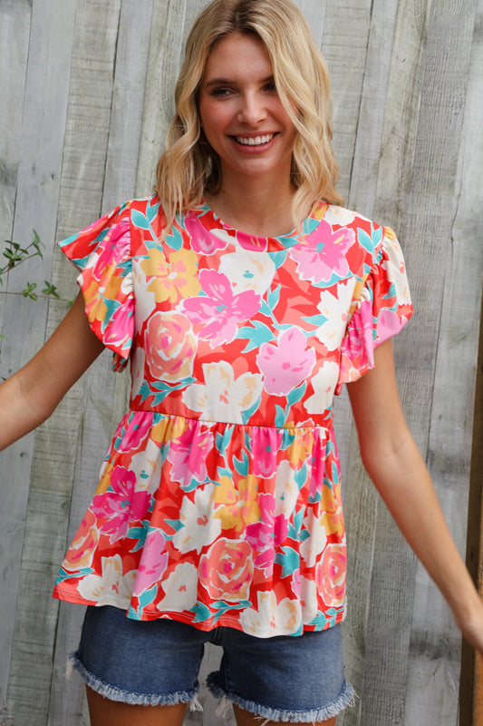 Feeling Femme' Coral Floral Print Folded Short Sleeve Babydoll Top