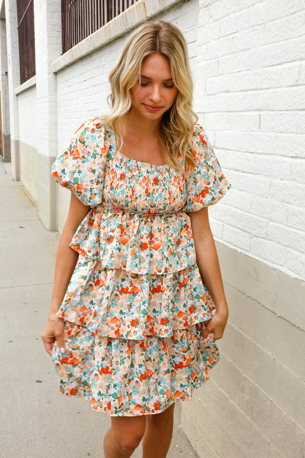 Find Love Floral Print Smocked Neck Puff Sleeve Ruffle Tiered Dress
