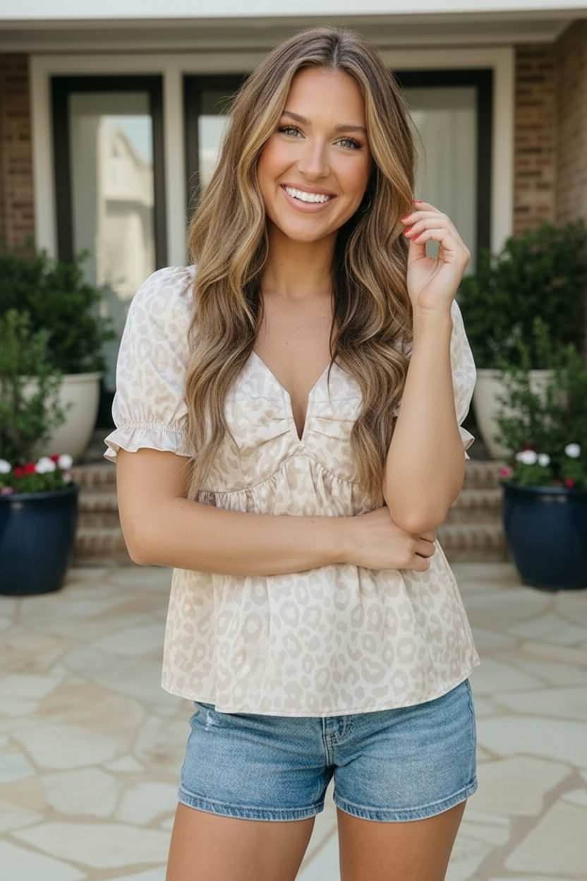 Satin Animal Print Puff Sleeve Babydoll Top