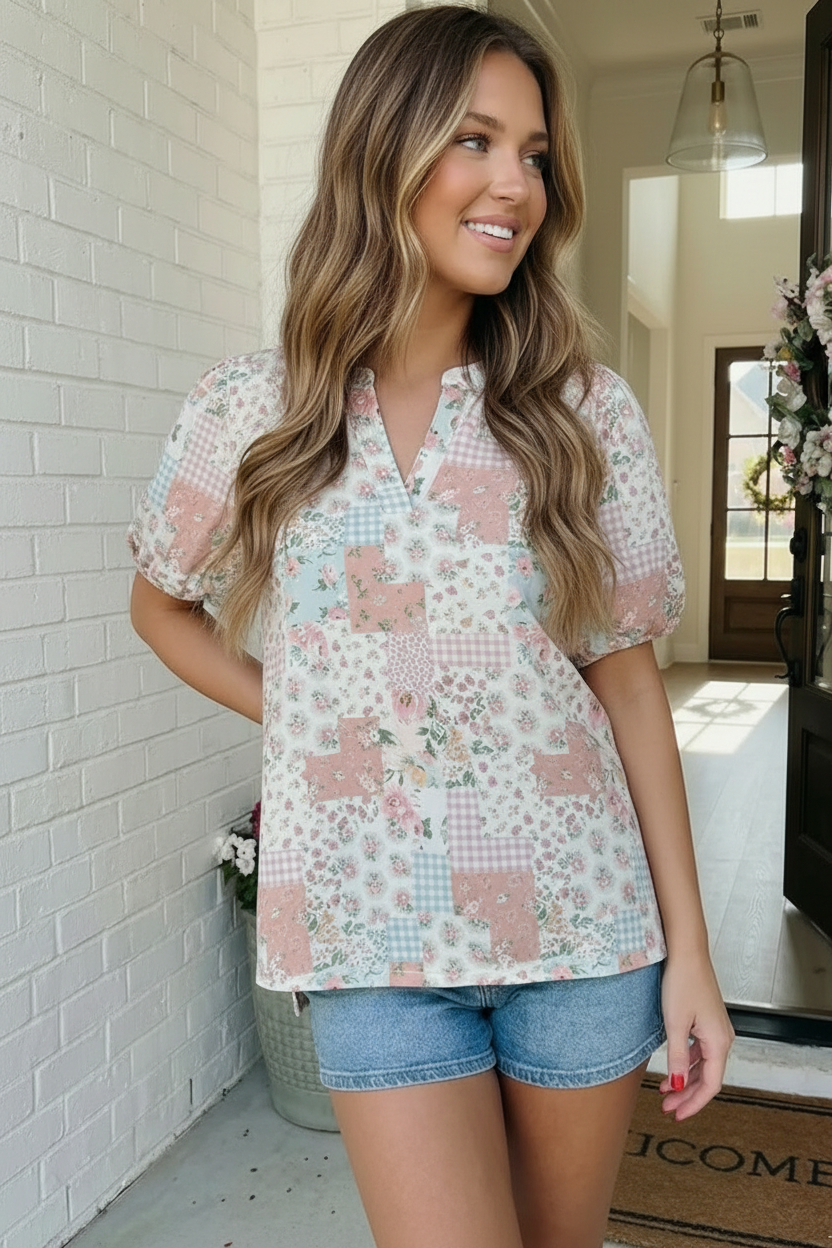 Patchwork Floral Puff Sleeve Top