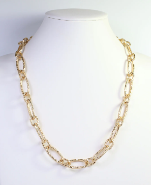Aleah Hammered Oval Link Necklace Worn Gold
