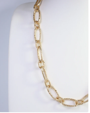 Aleah Hammered Oval Link Necklace Worn Gold