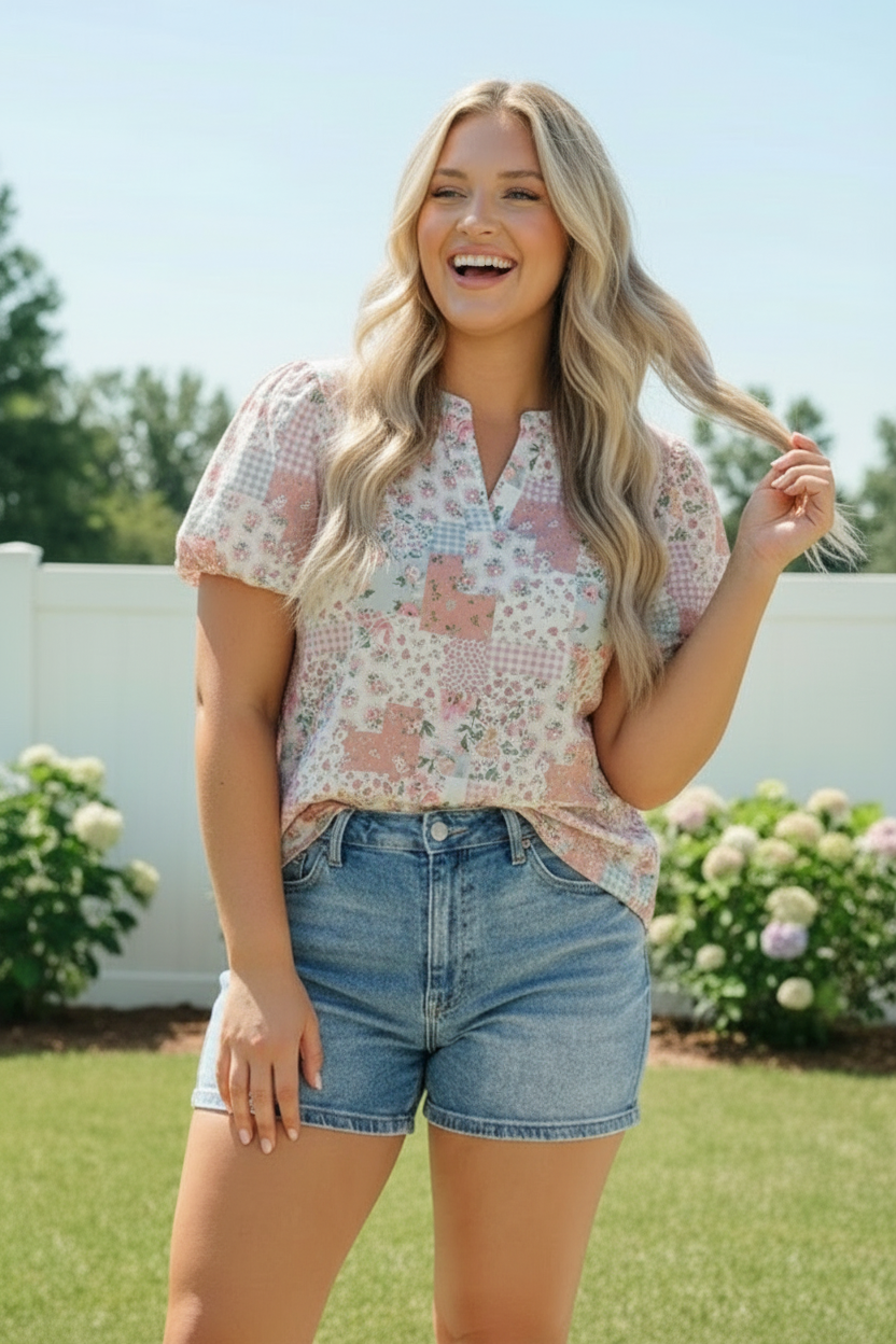 Patchwork Floral Puff Sleeve Top