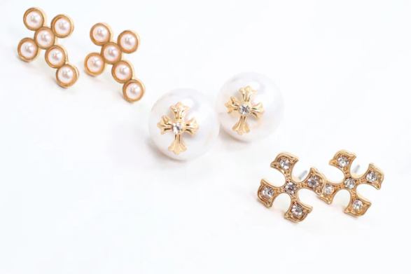 Minnie Lou Cross Earring Set Worn Gold