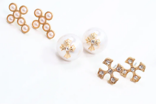 Minnie Lou Cross Earring Set Worn Gold