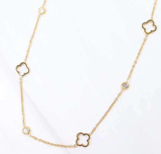 Ranier Clover and CZ Necklace WP Gold